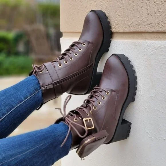 Brown Women's Lug Sole Ankle Lace Up Heeled Ankle Boots w Pouch - Picture 3 of 6